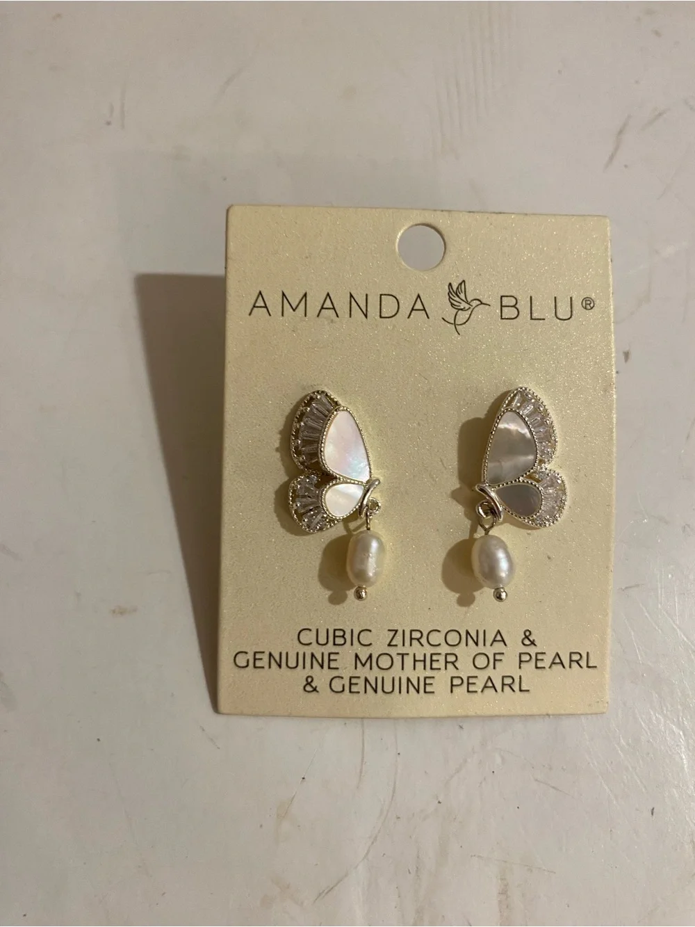Amanda Blu Cubic Zirconia & Genuine Mother of Pearl Butterfly Post Earrings (RR) - Picture 1 of 7
